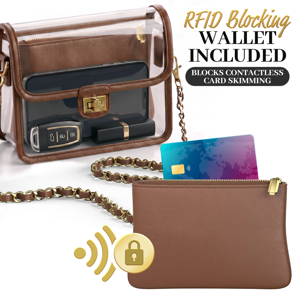 Clear Crossbody Purse for Women Stadium Approved, Anti-Yellowing UV TPU Luxury Bag with Wallet Insert & Chain Strap