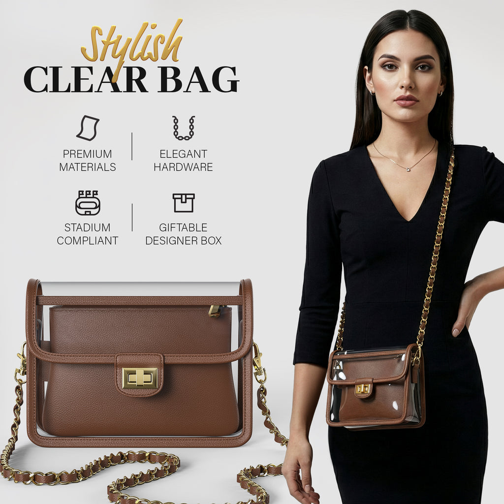 Clear Crossbody Purse for Women Stadium Approved, Anti-Yellowing UV TPU Luxury Bag with Wallet Insert & Chain Strap