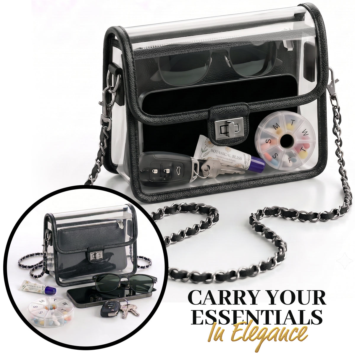 Clear Crossbody Purse for Women Stadium Approved, Anti-Yellowing UV TPU Luxury Bag with Wallet Insert & Chain Strap