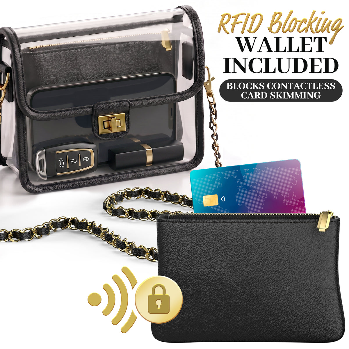 Clear Crossbody Purse for Women Stadium Approved, Anti-Yellowing UV TPU Luxury Bag with Wallet Insert & Chain Strap
