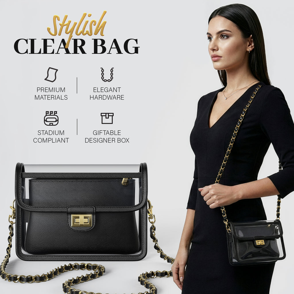 Clear Crossbody Purse for Women Stadium Approved, Anti-Yellowing UV TPU Luxury Bag with Wallet Insert & Chain Strap